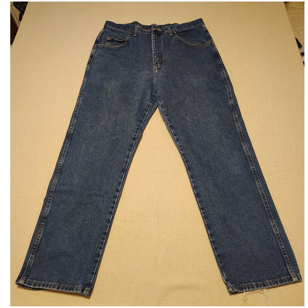 Wrangler Rugged Wear Mens Blue Denim Straight Leg Jeans 36x32 Distressed I